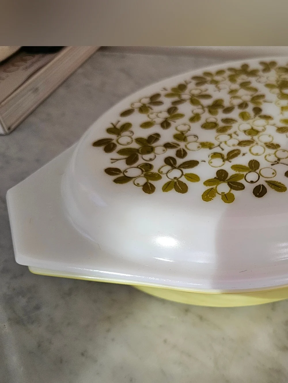 Pyrex White Yellow Olive Green Casserole Dish with Floral Design